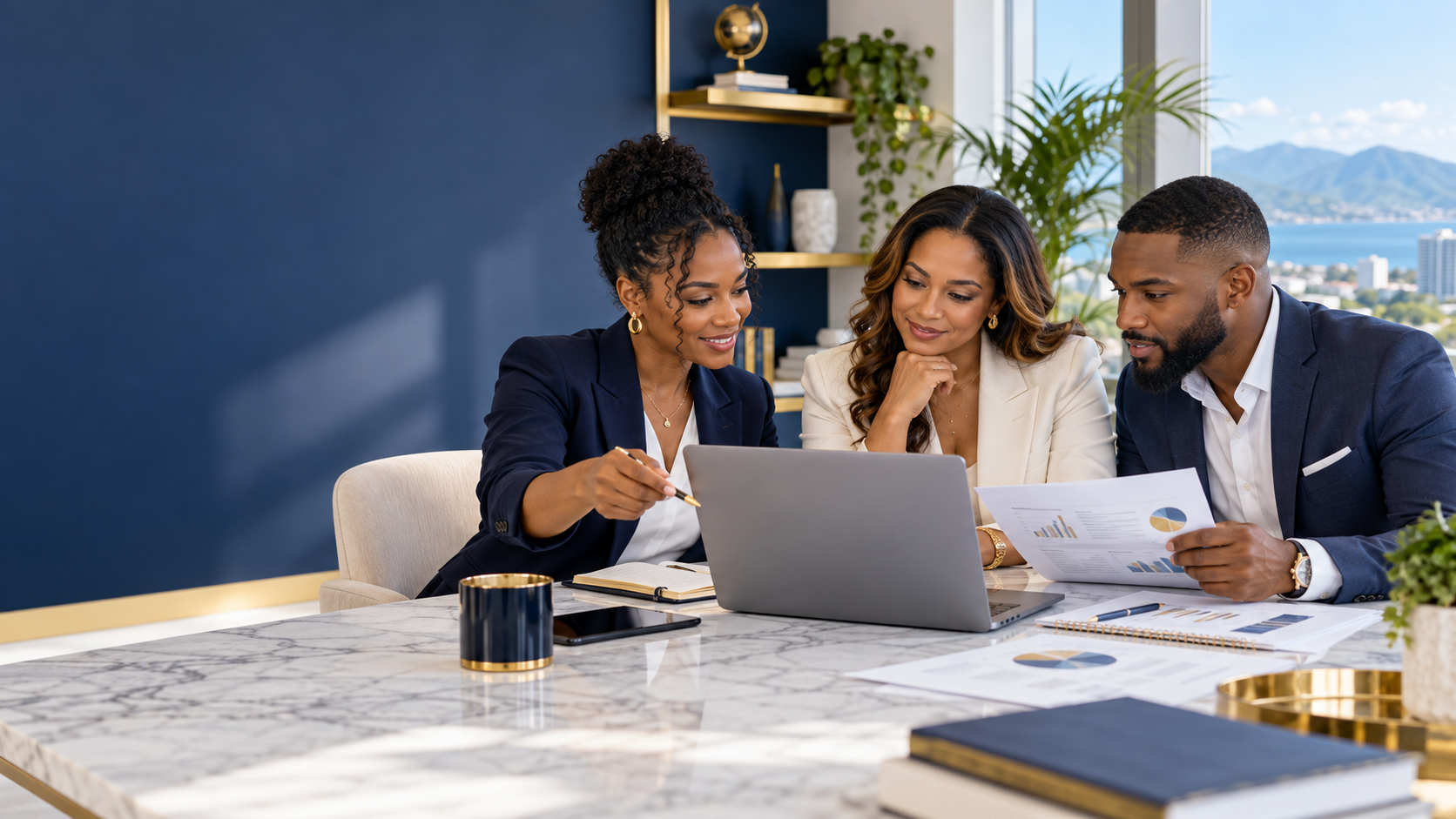 Entrepreneurs reviewing business operations together at a meeting table